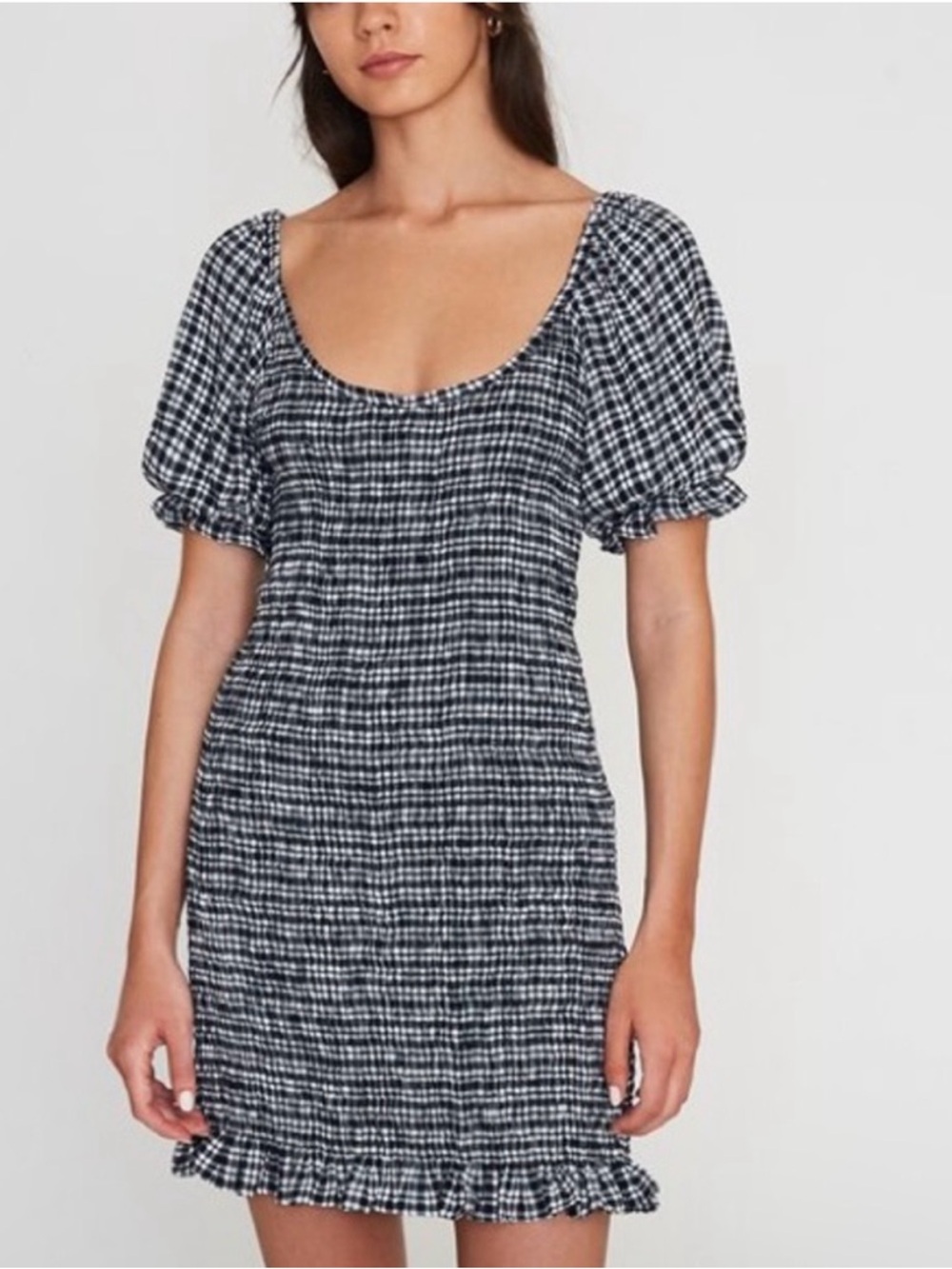Faithfull The Brand Gingham Puff Sleeve Mini Dress Black White Cottagecore NWT